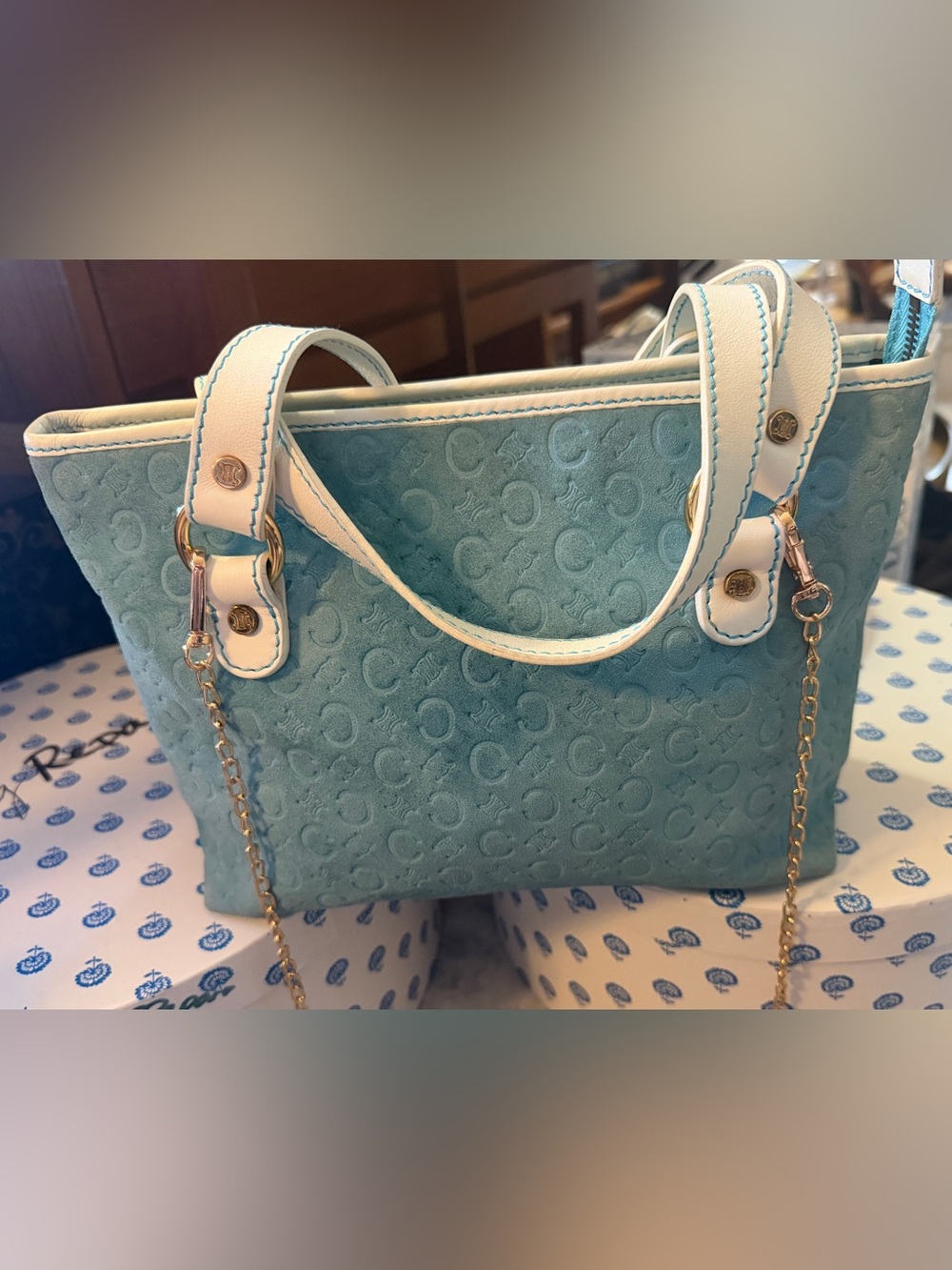 Celine Aqua Suede Tote with White Leather Trim